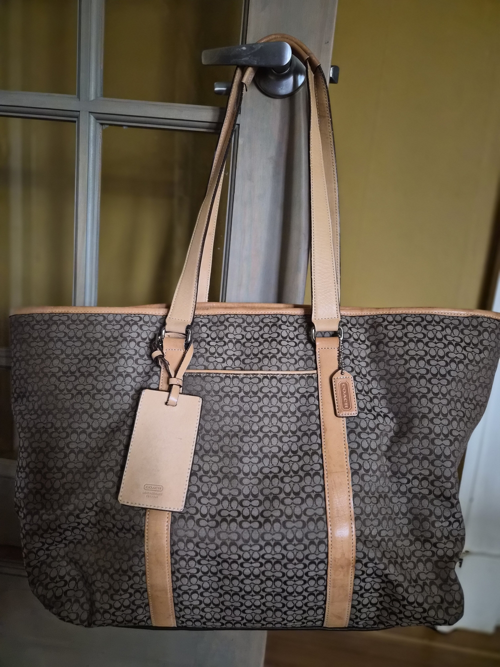 Coach Brown Signature Canvas Tote with Tan Leather Trim